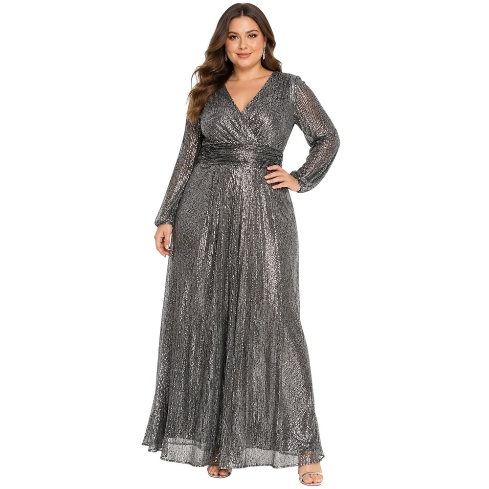 Betsy & Adam Metallic Maxi Dress Women Size 12 Silver Long Sleeve V-Neck Shimmer